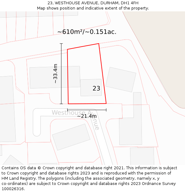 23, WESTHOUSE AVENUE, DURHAM, DH1 4FH: Plot and title map