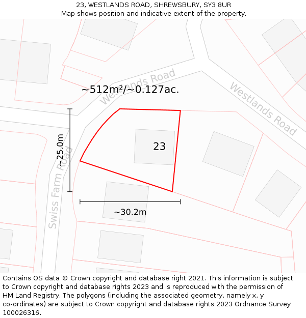 23, WESTLANDS ROAD, SHREWSBURY, SY3 8UR: Plot and title map