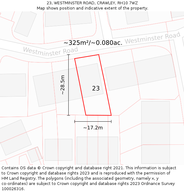 23, WESTMINSTER ROAD, CRAWLEY, RH10 7WZ: Plot and title map