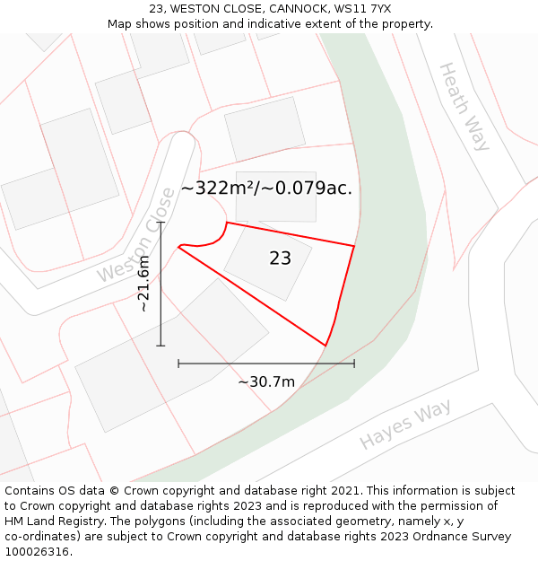 23, WESTON CLOSE, CANNOCK, WS11 7YX: Plot and title map