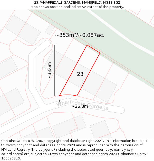 23, WHARFEDALE GARDENS, MANSFIELD, NG18 3GZ: Plot and title map