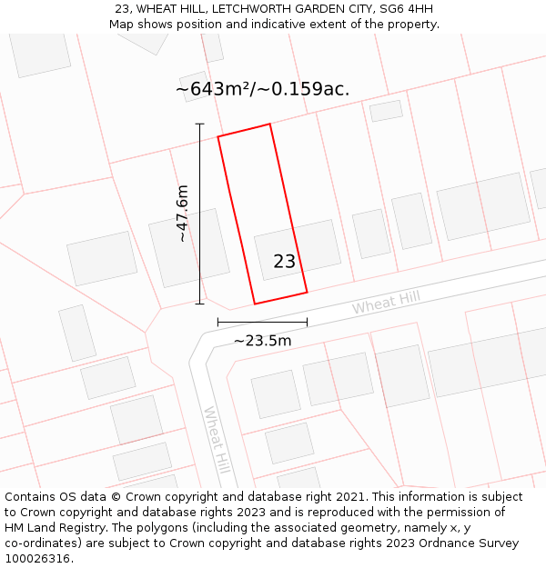 23, WHEAT HILL, LETCHWORTH GARDEN CITY, SG6 4HH: Plot and title map