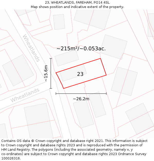 23, WHEATLANDS, FAREHAM, PO14 4SL: Plot and title map