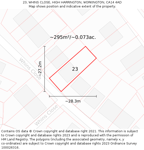 23, WHINS CLOSE, HIGH HARRINGTON, WORKINGTON, CA14 4AD: Plot and title map