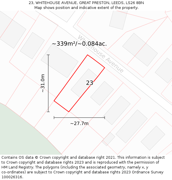 23, WHITEHOUSE AVENUE, GREAT PRESTON, LEEDS, LS26 8BN: Plot and title map