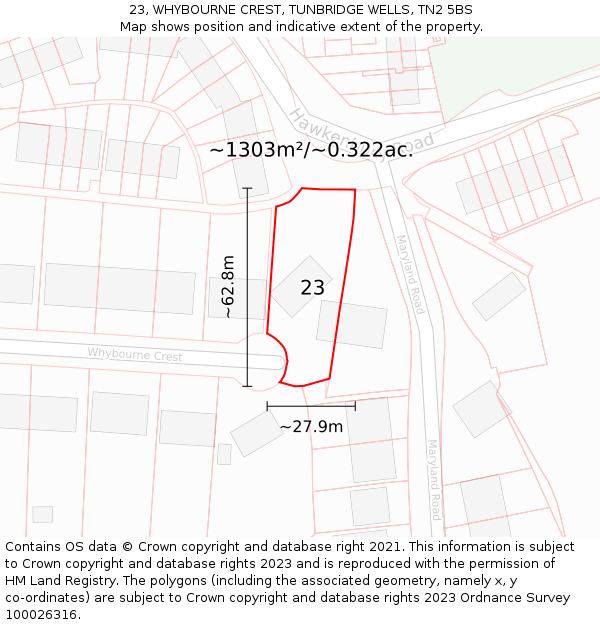 23, WHYBOURNE CREST, TUNBRIDGE WELLS, TN2 5BS: Plot and title map