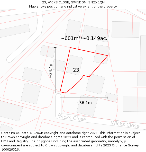 23, WICKS CLOSE, SWINDON, SN25 1QH: Plot and title map