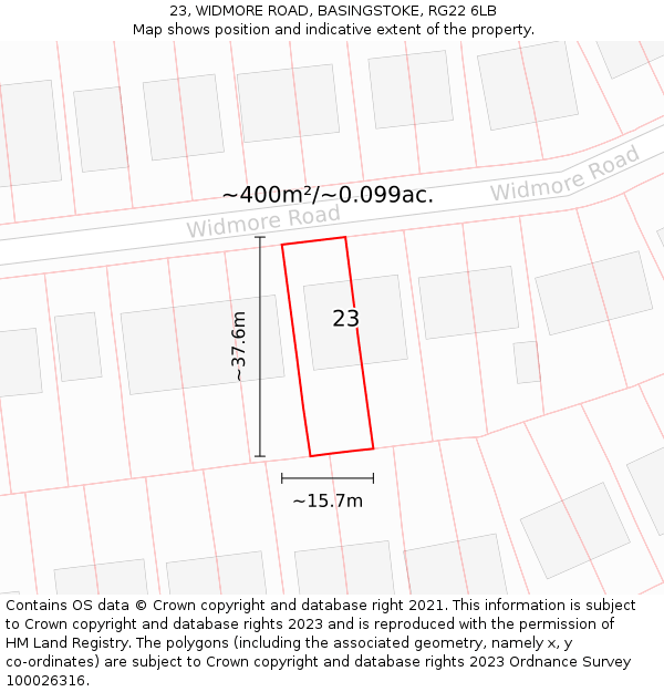 23, WIDMORE ROAD, BASINGSTOKE, RG22 6LB: Plot and title map