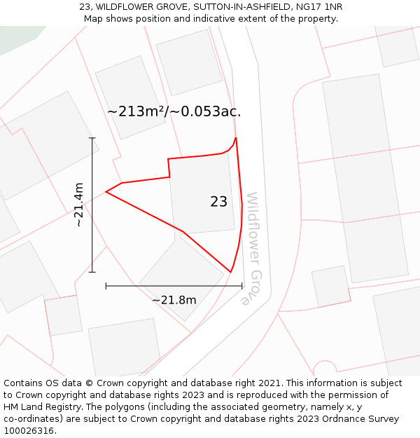 23, WILDFLOWER GROVE, SUTTON-IN-ASHFIELD, NG17 1NR: Plot and title map