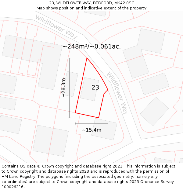 23, WILDFLOWER WAY, BEDFORD, MK42 0SG: Plot and title map