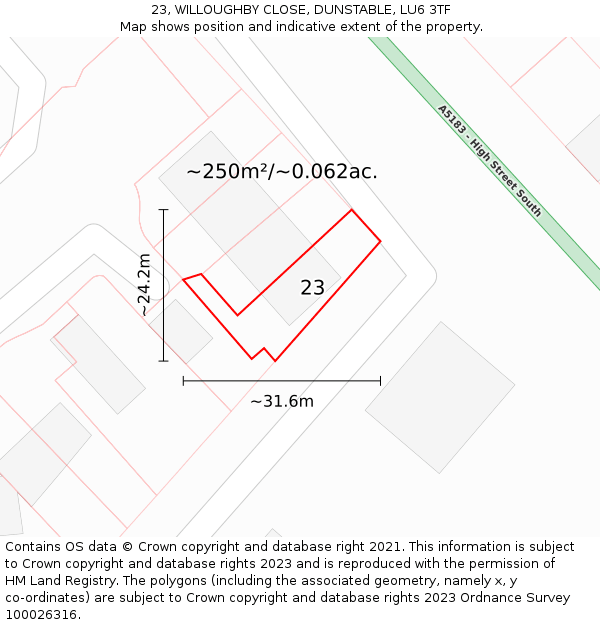 23, WILLOUGHBY CLOSE, DUNSTABLE, LU6 3TF: Plot and title map