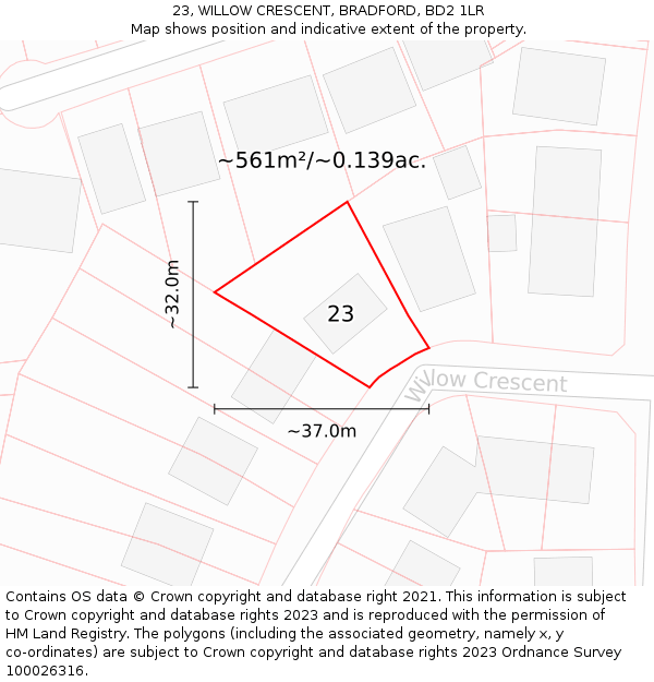 23, WILLOW CRESCENT, BRADFORD, BD2 1LR: Plot and title map