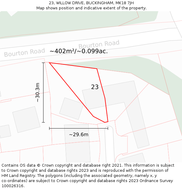 23, WILLOW DRIVE, BUCKINGHAM, MK18 7JH: Plot and title map