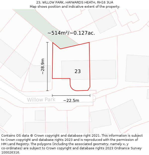 23, WILLOW PARK, HAYWARDS HEATH, RH16 3UA: Plot and title map