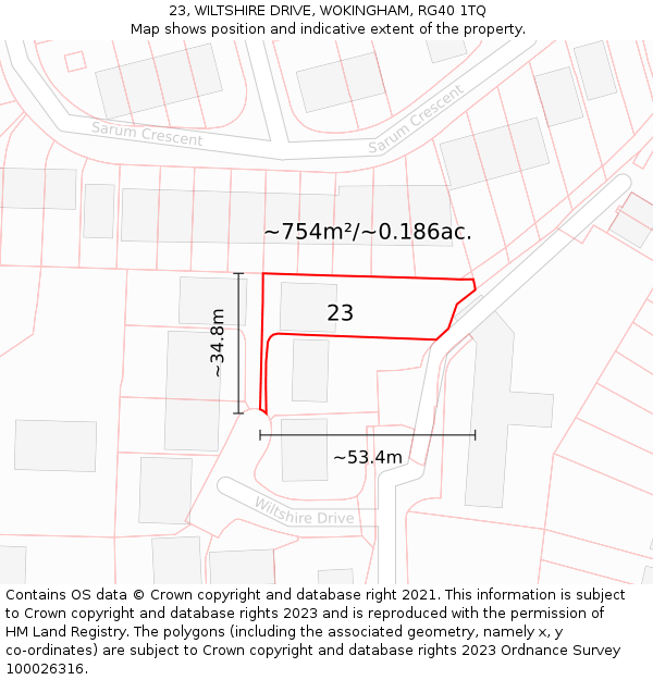 23, WILTSHIRE DRIVE, WOKINGHAM, RG40 1TQ: Plot and title map