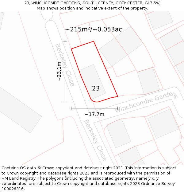 23, WINCHCOMBE GARDENS, SOUTH CERNEY, CIRENCESTER, GL7 5WJ: Plot and title map