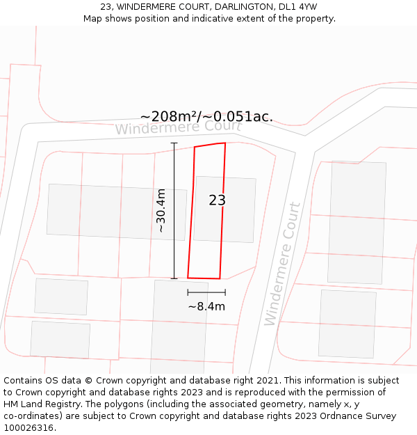 23, WINDERMERE COURT, DARLINGTON, DL1 4YW: Plot and title map