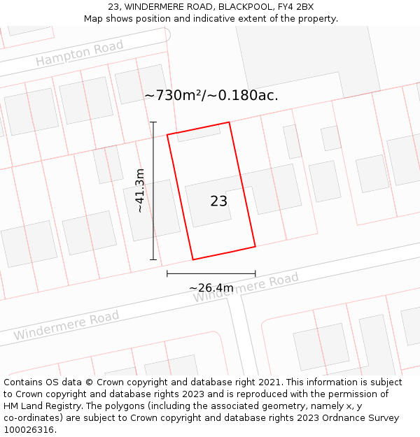 23, WINDERMERE ROAD, BLACKPOOL, FY4 2BX: Plot and title map