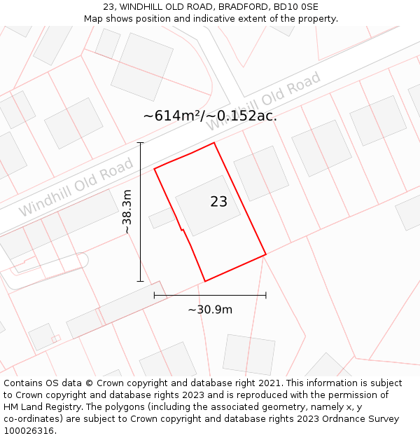 23, WINDHILL OLD ROAD, BRADFORD, BD10 0SE: Plot and title map