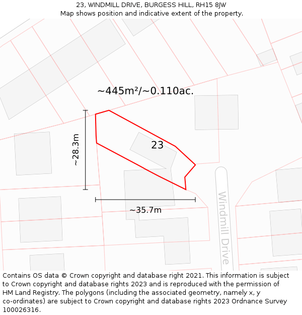 23, WINDMILL DRIVE, BURGESS HILL, RH15 8JW: Plot and title map