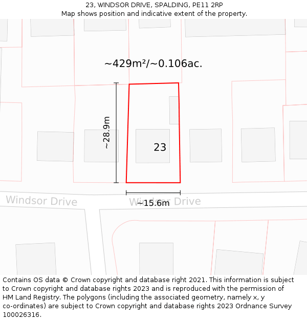 23, WINDSOR DRIVE, SPALDING, PE11 2RP: Plot and title map