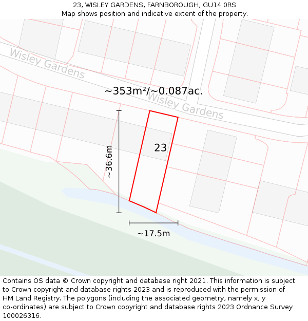 23, WISLEY GARDENS, FARNBOROUGH, GU14 0RS: Plot and title map