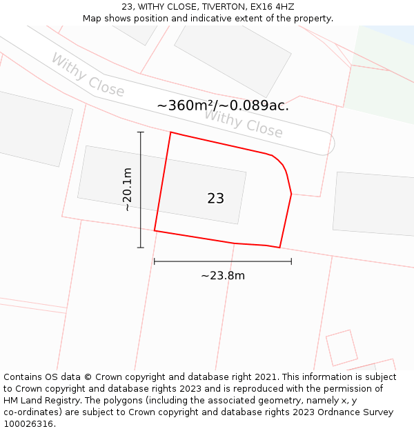 23, WITHY CLOSE, TIVERTON, EX16 4HZ: Plot and title map