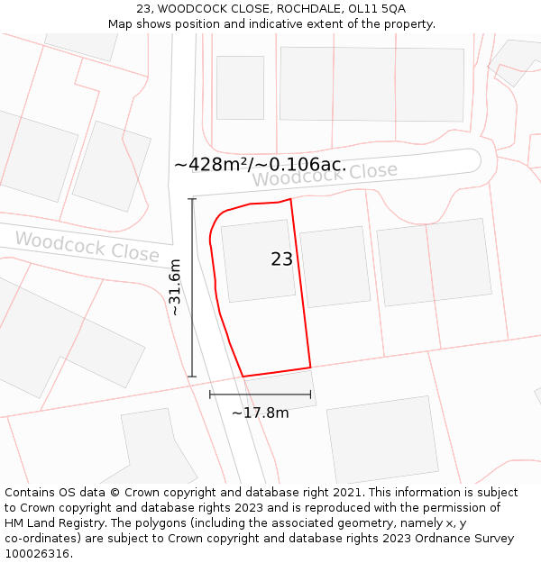 23, WOODCOCK CLOSE, ROCHDALE, OL11 5QA: Plot and title map