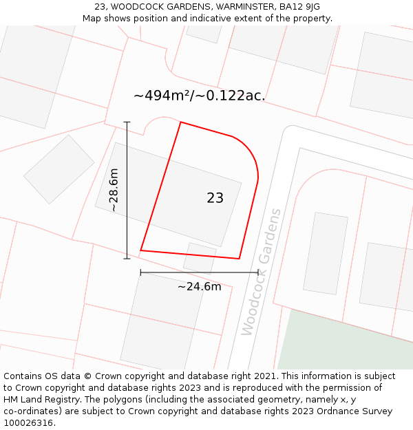 23, WOODCOCK GARDENS, WARMINSTER, BA12 9JG: Plot and title map