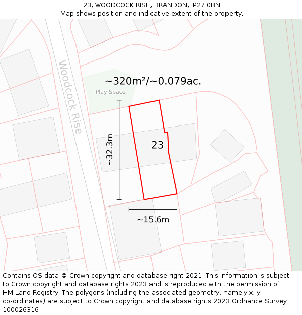 23, WOODCOCK RISE, BRANDON, IP27 0BN: Plot and title map