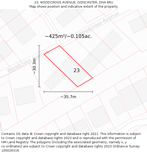 23, WOODCROSS AVENUE, DONCASTER, DN4 6RU: Plot and title map