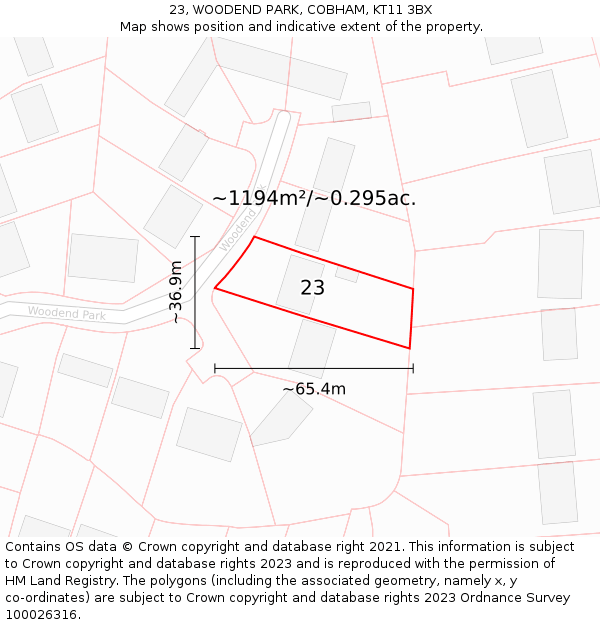 23, WOODEND PARK, COBHAM, KT11 3BX: Plot and title map