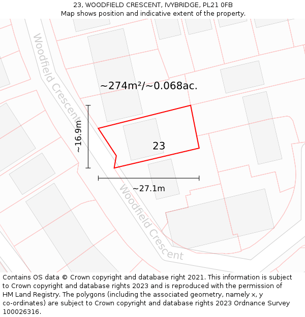 23, WOODFIELD CRESCENT, IVYBRIDGE, PL21 0FB: Plot and title map