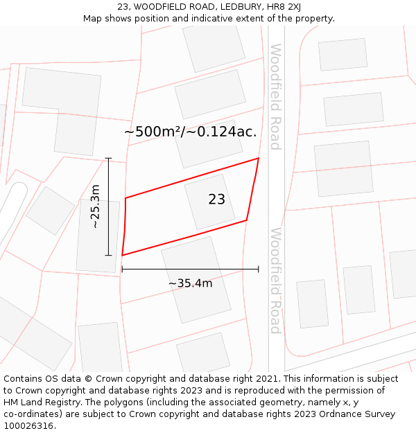 23, WOODFIELD ROAD, LEDBURY, HR8 2XJ: Plot and title map