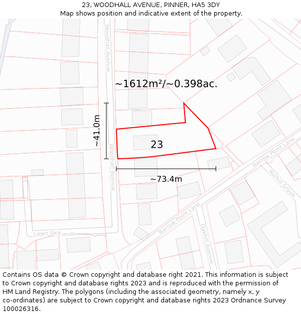 23, WOODHALL AVENUE, PINNER, HA5 3DY: Plot and title map