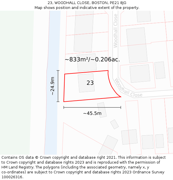 23, WOODHALL CLOSE, BOSTON, PE21 8JG: Plot and title map