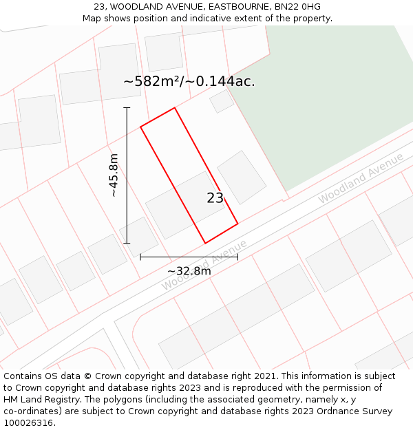 23, WOODLAND AVENUE, EASTBOURNE, BN22 0HG: Plot and title map