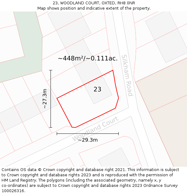 23, WOODLAND COURT, OXTED, RH8 0NR: Plot and title map