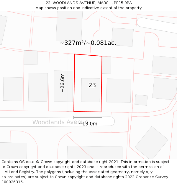 23, WOODLANDS AVENUE, MARCH, PE15 9PA: Plot and title map