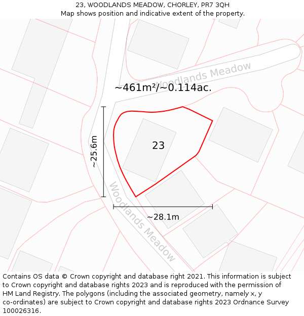 23, WOODLANDS MEADOW, CHORLEY, PR7 3QH: Plot and title map