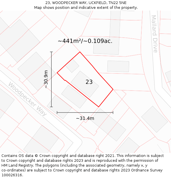 23, WOODPECKER WAY, UCKFIELD, TN22 5NE: Plot and title map