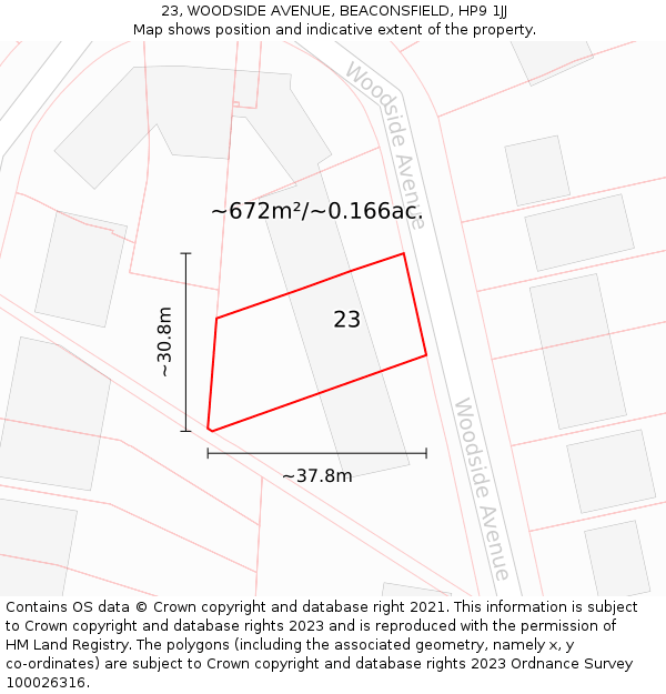23, WOODSIDE AVENUE, BEACONSFIELD, HP9 1JJ: Plot and title map