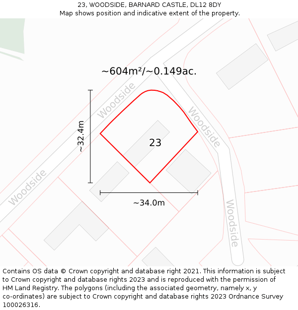 23, WOODSIDE, BARNARD CASTLE, DL12 8DY: Plot and title map