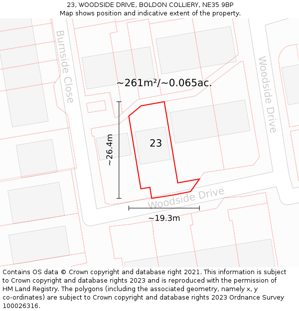 23, WOODSIDE DRIVE, BOLDON COLLIERY, NE35 9BP: Plot and title map