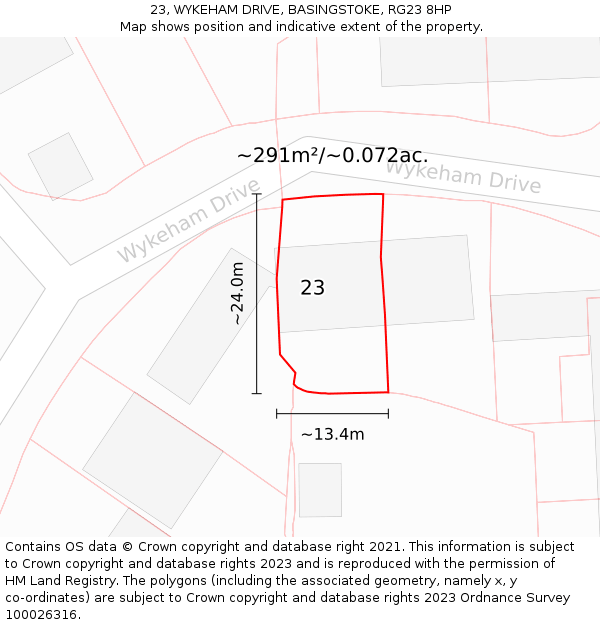 23, WYKEHAM DRIVE, BASINGSTOKE, RG23 8HP: Plot and title map