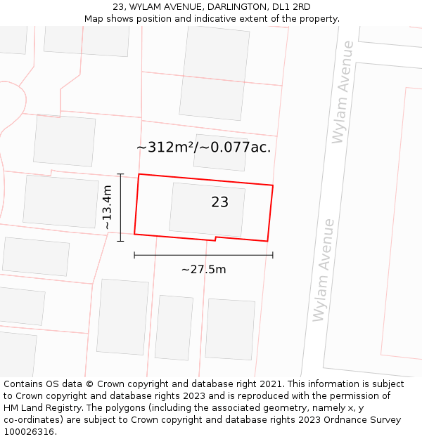23, WYLAM AVENUE, DARLINGTON, DL1 2RD: Plot and title map