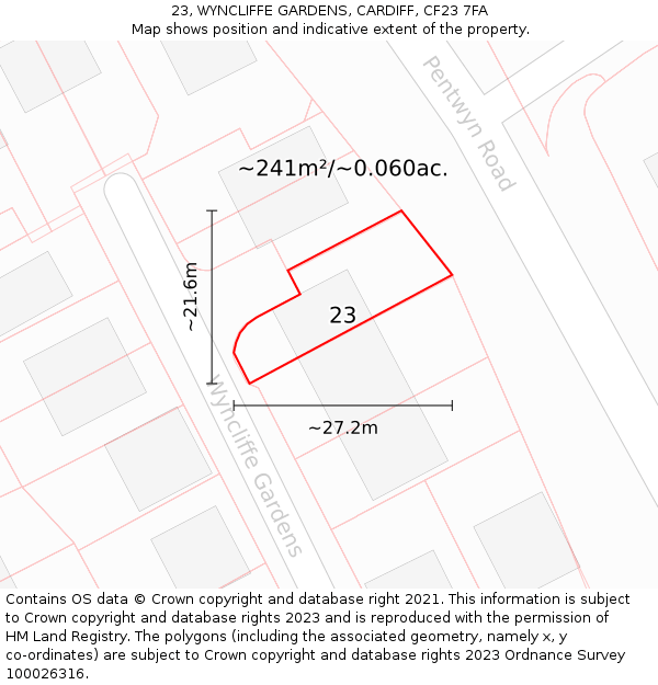 23, WYNCLIFFE GARDENS, CARDIFF, CF23 7FA: Plot and title map