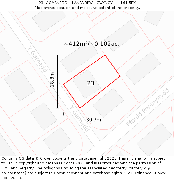 23, Y GARNEDD, LLANFAIRPWLLGWYNGYLL, LL61 5EX: Plot and title map