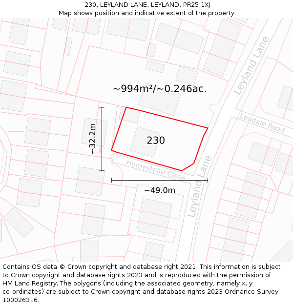 230, LEYLAND LANE, LEYLAND, PR25 1XJ: Plot and title map