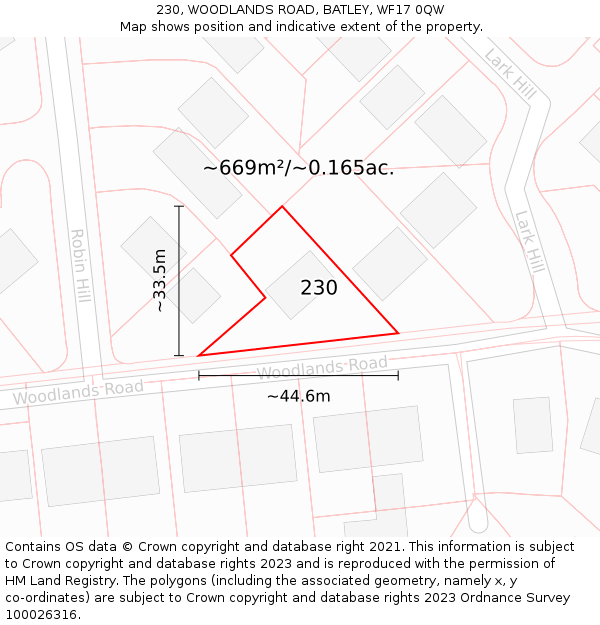 230, WOODLANDS ROAD, BATLEY, WF17 0QW: Plot and title map